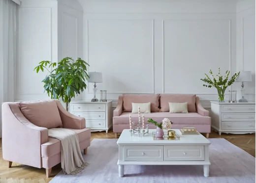 salon z różowym fotelem i sofą